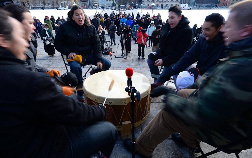Drummers perform during a Assembly of First Nations rally on aboriginal education on Parliament Hill in Ottawa on Dec. 10, 2013.
